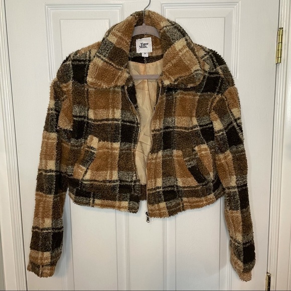 TIGER Mist Brooklyn Jacket Brown Plaid Fuzzy Zip Cropped Sherpa Coat small - Picture 4 of 11